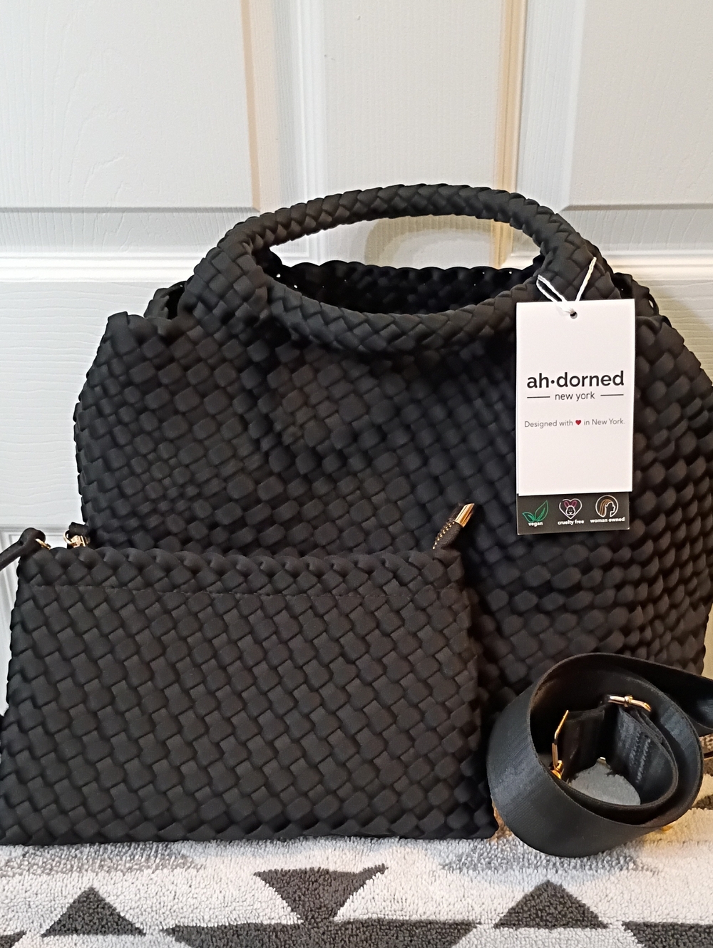 ah-dorned New York Black Neoprene Woven Tote with Pouch